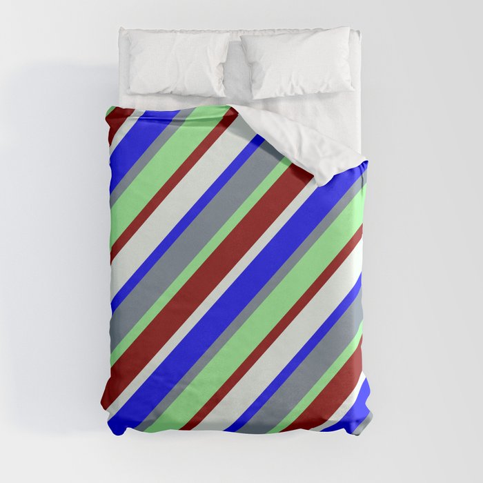 Light Slate Gray, Green, Dark Red, Mint Cream, and Blue Colored Lined/Striped Pattern Duvet Cover