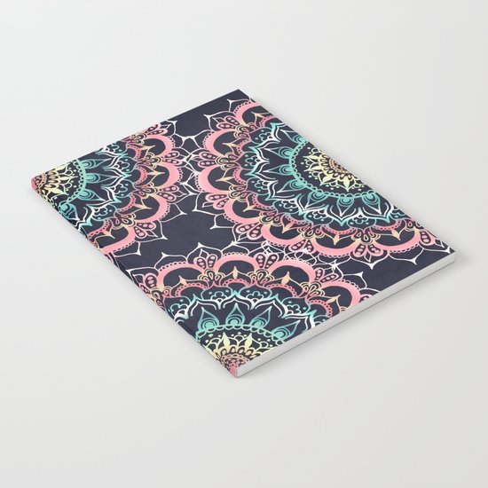 Pink, Cream & Soft Turquoise Glow Medallion on Navy Notebook
