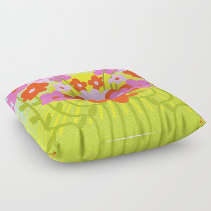 Sunny Spring Flowers Garden Ombre Blue And Green With Red And Pink Floral And Sunshine With Sky Blue Floor Pillow