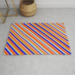 [ Thumbnail: Eye-catching Red, Goldenrod, Powder Blue, Blue, and Light Salmon Colored Lined/Striped Pattern Rug ]