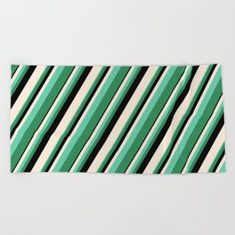 [ Thumbnail: Beige, Aquamarine, Sea Green, and Black Colored Lined/Striped Pattern Beach Towel ]