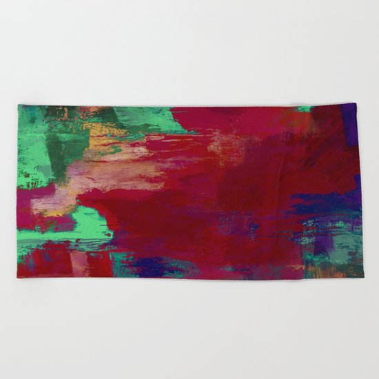 Crimson Overflow - Abstract, red, crimson, green, purple oil painting Beach Towel