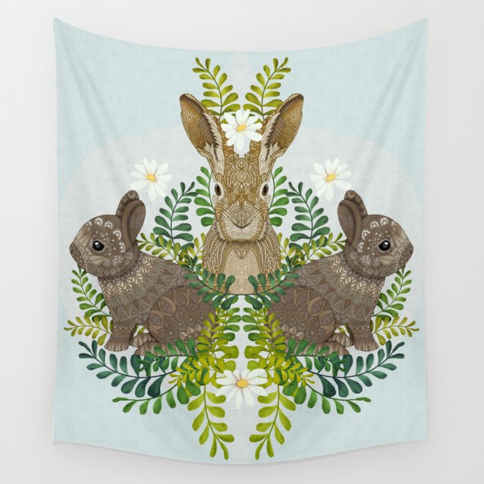 Cute Bunny Damask Wall Tapestry