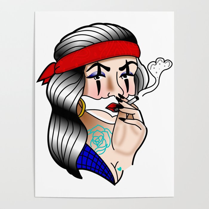 Old School Chicana Girl Traditional Tattoo Poster