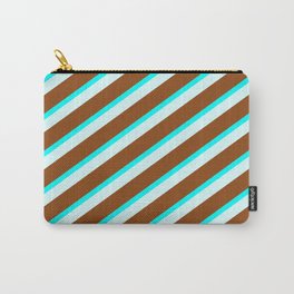 [ Thumbnail: Brown, Aqua & Light Cyan Colored Lined Pattern Carry-All Pouch ]