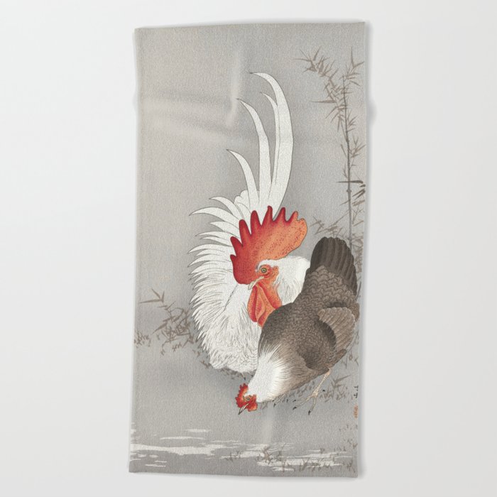 Japanese  Painting of Rooster and chicken Vintage Rooster and chicken Painting Watercolor Painting of Bird Beach Towel