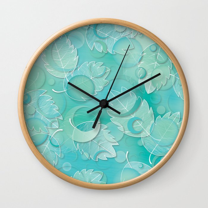 Floating Leaves Pattern IV - Winter, Ice Teal Wall Clock