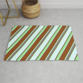 [ Thumbnail: Brown, Light Green, Light Cyan, and Grey Colored Lined Pattern Rug ]