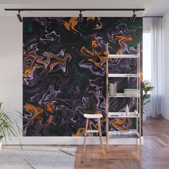 Dark purple and orange squiggles abstract art Wall Mural