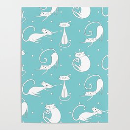 White Cats on blue background with polka dots Poster