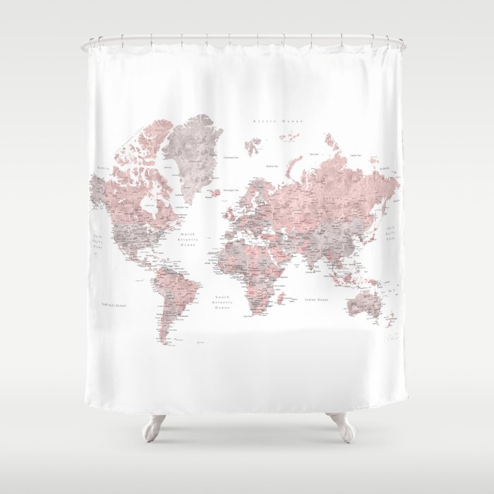 Gray And Dusty Pink Detailed World Map Shower Curtain By