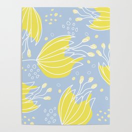 Large Yellow Daisy Like Flowers Yellow Wildflower Blue Background Poster