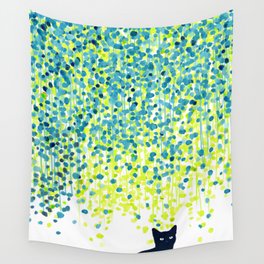 Cat in the garden under willow tree Wall Tapestry