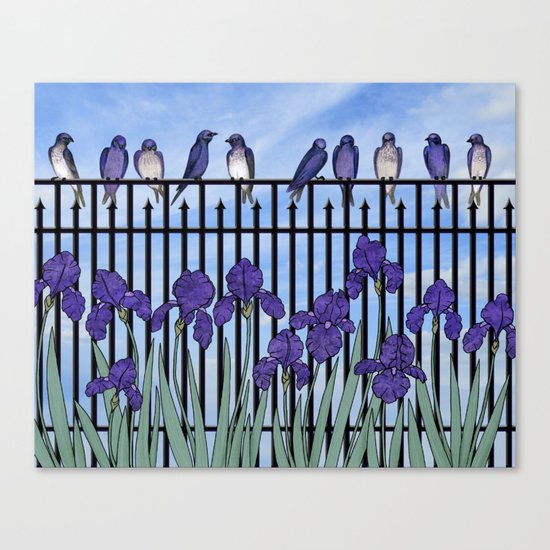 purple martins & purple irises Canvas Print