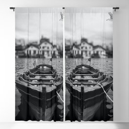 Ships in the blue harbor with seagull portrait black and white photograph / photography Blackout Curtain