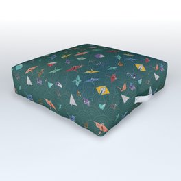 Retrograde Origami Cranes ~ Bluegreen Outdoor Floor Cushion | Graphicdesign, Digital, Green, Origamicranes, Pinwheels, Blue 