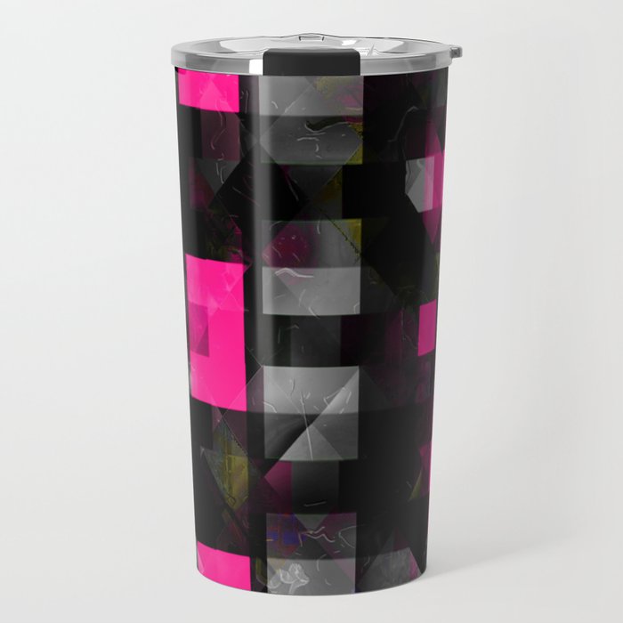 geometric symmetry art  pixel square pattern abstract background in pink orange black Travel Mug