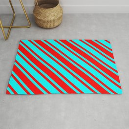 [ Thumbnail: Aqua and Red Colored Lined Pattern Rug ]