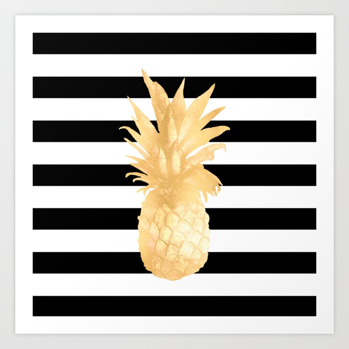 Gold Pineapple Black and White Stripes Art Print