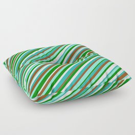 [ Thumbnail: Colorful Light Sea Green, Brown, Aquamarine, Green & Mint Cream Colored Lined/Striped Pattern Floor Pillow ]