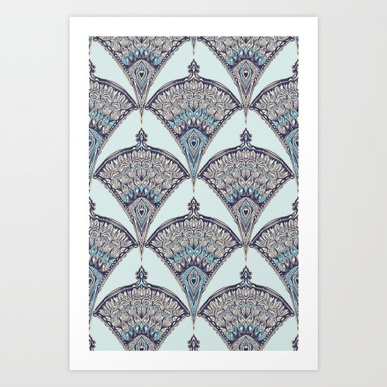 Deco Doodle in Aqua, Cream & Navy Blue Art Print