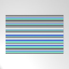 [ Thumbnail: Colorful Royal Blue, Aquamarine, Dim Grey, Dark Grey & Mint Cream Colored Lined/Striped Pattern Welcome Mat ]