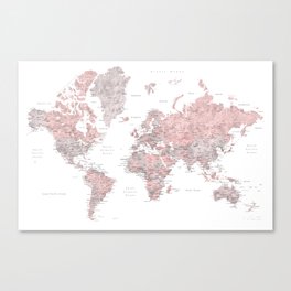 Dusty pink and grey detailed watercolor world map Canvas Print