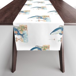 Humpback whale reading book watercolor painting Table Runner