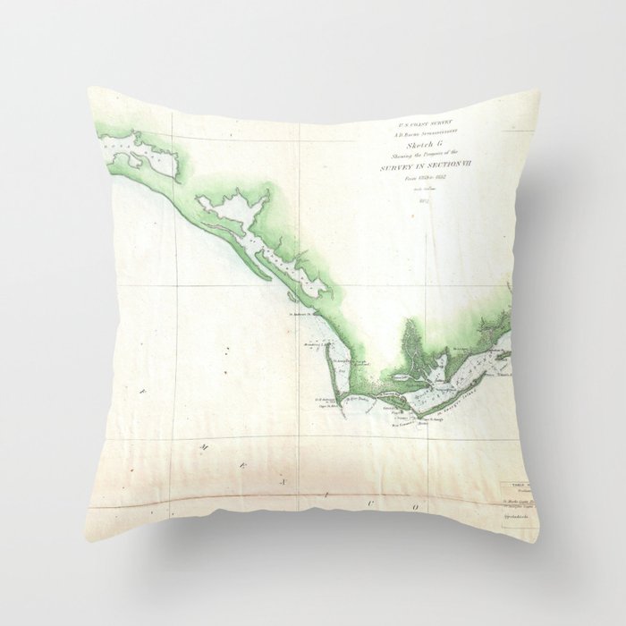 Vintage Florida Panhandle Coastal Map 1852 Throw Pillow By