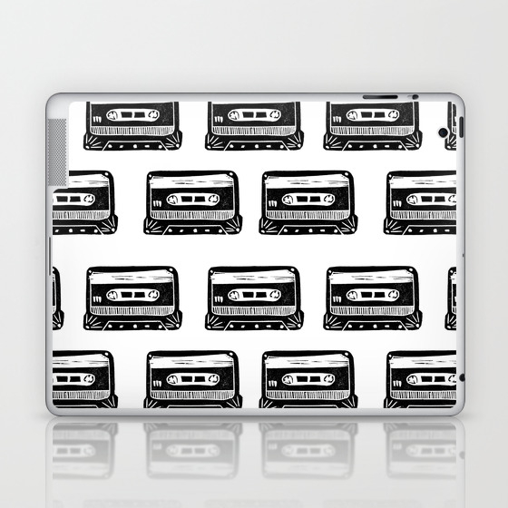 Linocut Cassette Tape Black And White Minimal Retro Analog Music Tape Player Laptop Ipad Skin By Monoo