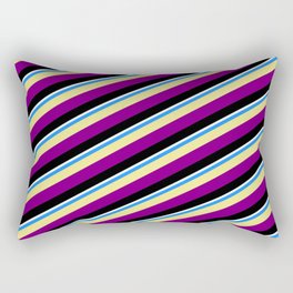 [ Thumbnail: Vibrant Blue, Tan, Purple, Black, and White Colored Pattern of Stripes Rectangular Pillow ]