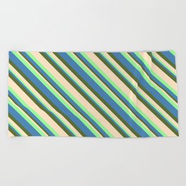 [ Thumbnail: Green, Blue, Dark Olive Green, and Bisque Colored Striped/Lined Pattern Beach Towel ]