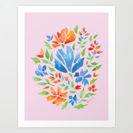 Blue and Orange Florals - Pink Ver.  Art Print