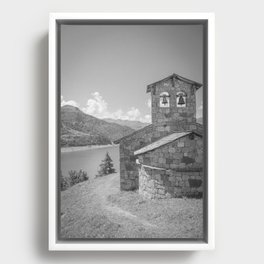 Black and white church at Lake Roselend art print - france summer travel photography Framed Canvas