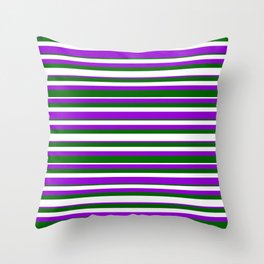 [ Thumbnail: Dark Green, White & Dark Violet Colored Lined Pattern Throw Pillow ]