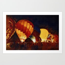 Night Hot Air Balloon Festival In Gothic Art Print | Balloons, Nighthsky, Glow, Glowing, Dark, Orange, Hotairballoon, Painting, Night, Sky 