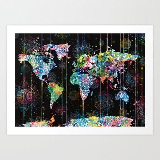 world map mandala black 1 Art Print