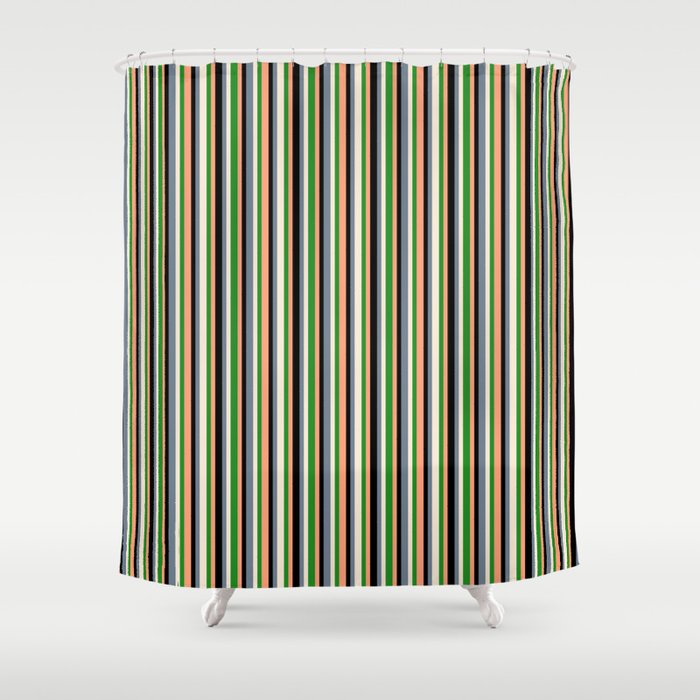 Colorful Slate Gray, Beige, Forest Green, Light Salmon & Black Colored Striped Pattern Shower Curtain
