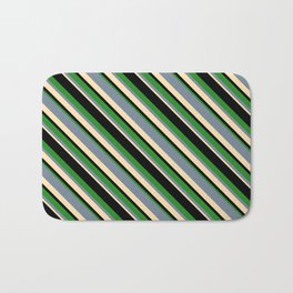 [ Thumbnail: Light Slate Gray, Beige, Black, and Forest Green Colored Lined Pattern Bath Mat ]