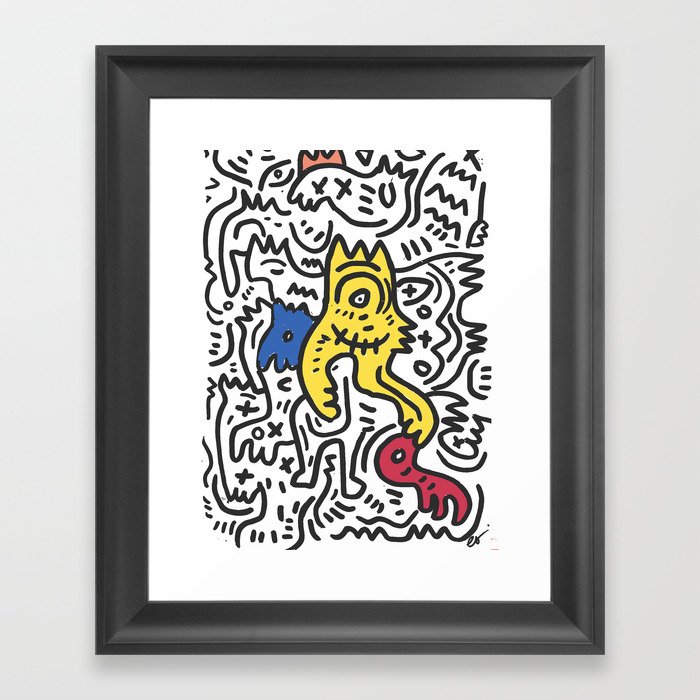 Hand Drawn Graffiti Art With Monsters in Black and White and Color Framed Art Print