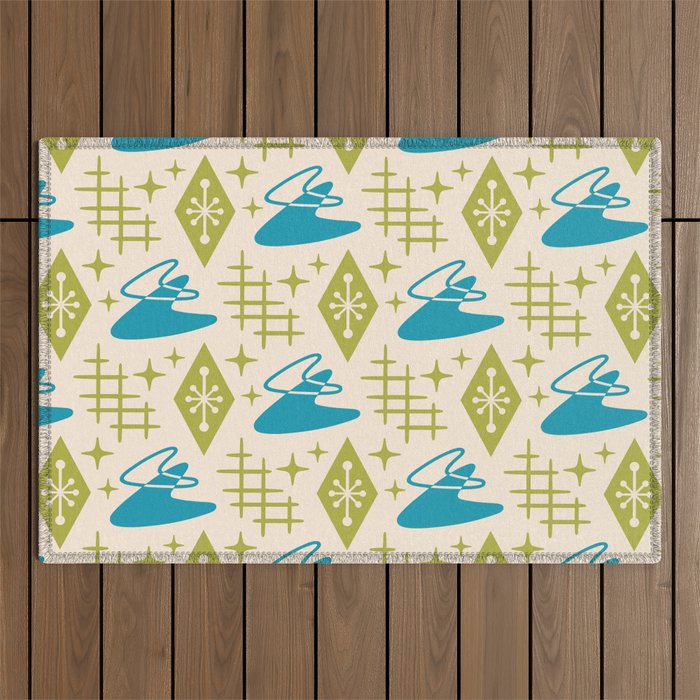 Mid Century Modern Space age Boomerang Pattern Turquoise and Olive Green 328 Outdoor Rug