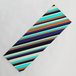 [ Thumbnail: Eye-catching Beige, Aqua, Chocolate, Midnight Blue, and Black Colored Lined Pattern Yoga Mat ]