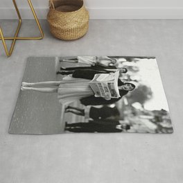 Roaring Twenties French Flapper Girl Reading Newspaper on the Street, Paris female portrait black and white photography - photographs Rug