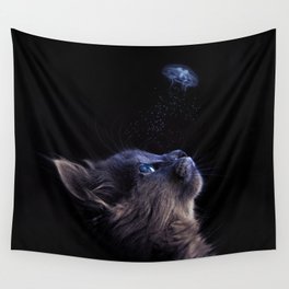 Fascinated cat about jellyfish Wall Tapestry
