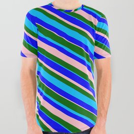 [ Thumbnail: Dark Green, Deep Sky Blue, Blue & Pink Colored Stripes/Lines Pattern All Over Graphic Tee ]