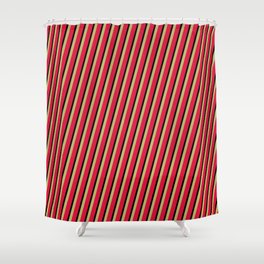 [ Thumbnail: Dark Khaki, Crimson, and Black Colored Striped/Lined Pattern Shower Curtain ]