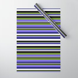 [ Thumbnail: Eye-catching Black, Green, Medium Slate Blue, Midnight Blue, and White Colored Stripes/Lines Pattern Wrapping Paper ]