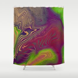 Multicolored neon psychedelic abstract digital art with distorted lines and metallic texture.  Shower Curtain