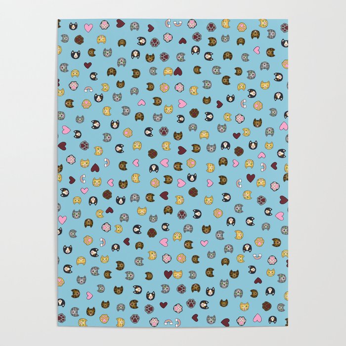 Heavenly Cute Hand Drawn Cat Faces Pattern - Sky Blue Poster