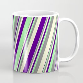 [ Thumbnail: Grey, Light Yellow, Indigo, and Green Colored Lines/Stripes Pattern Coffee Mug ]